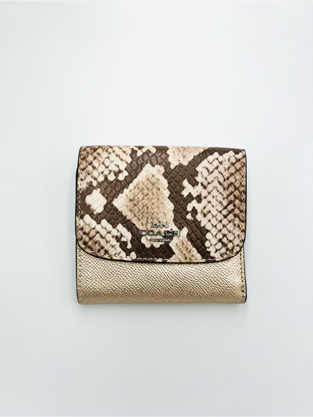 Coach Gold Metallic Wallet with Snake-Print Flap EUC